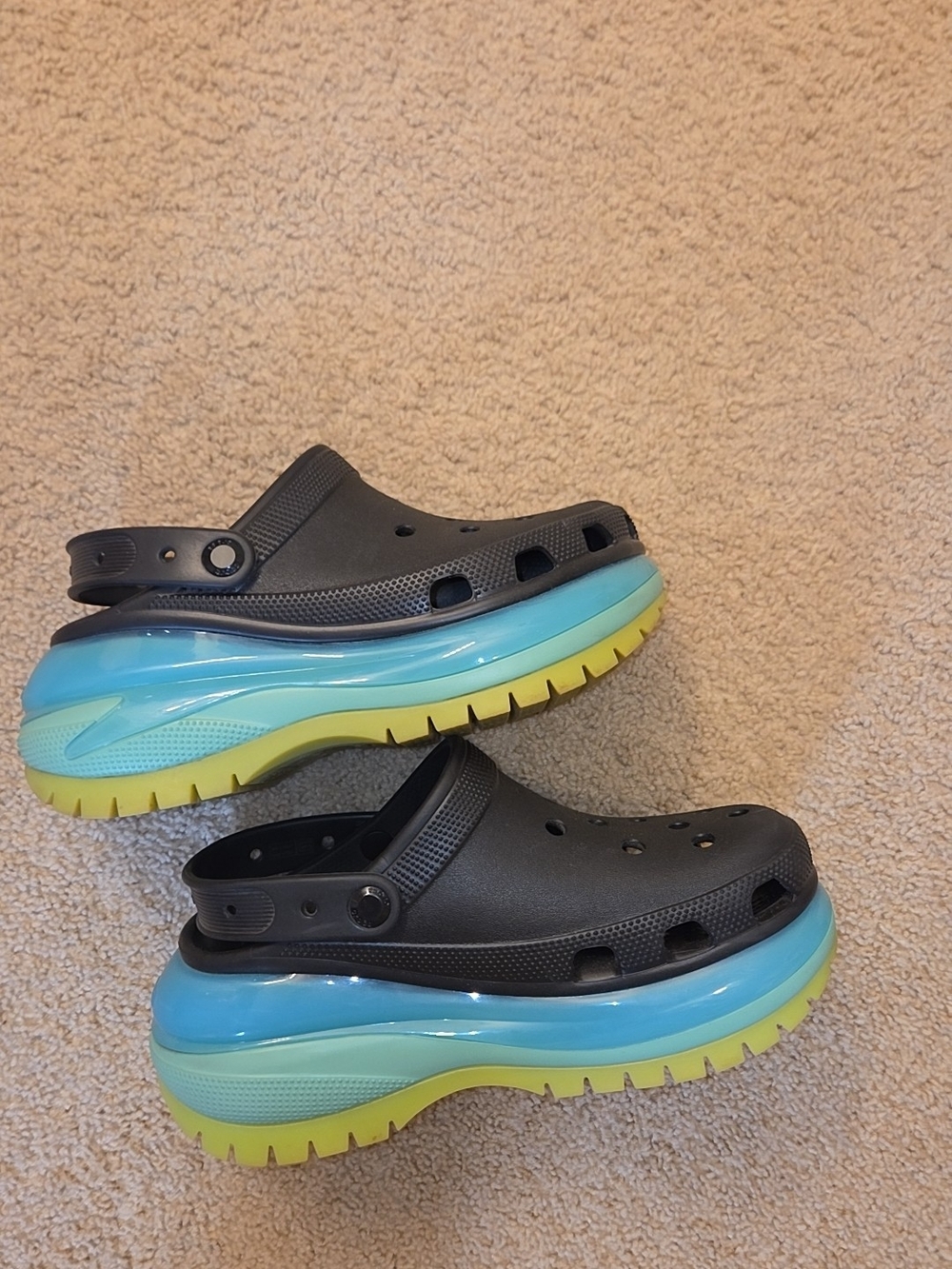 CROCS Black Slip-On Clogs with Blue and Yellow Platform Sole